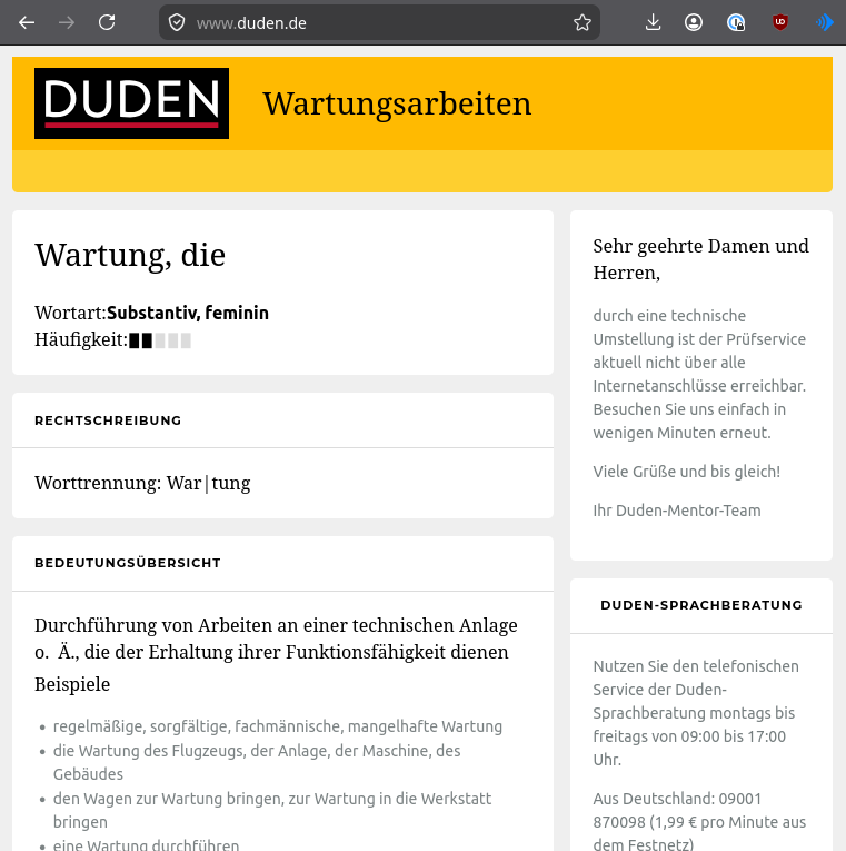 Die Wartungsseite erklärt das Wort "Wartung".